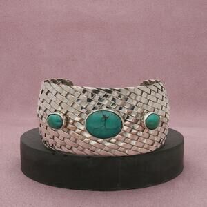 taxco mexico sterling silver vintage turquoise woven cuff bracelet size 7.25in